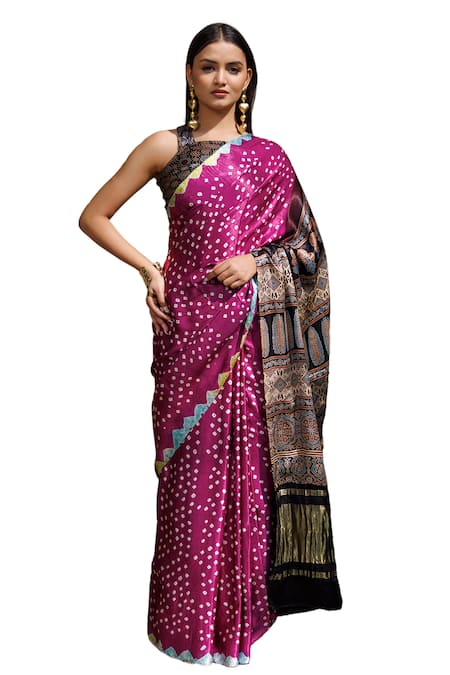 Geroo Jaipur_Purple Modal, Silk Bandhani Pattern Saree With Unstitched Blouse Piece _Online_at_Aza_Fashions