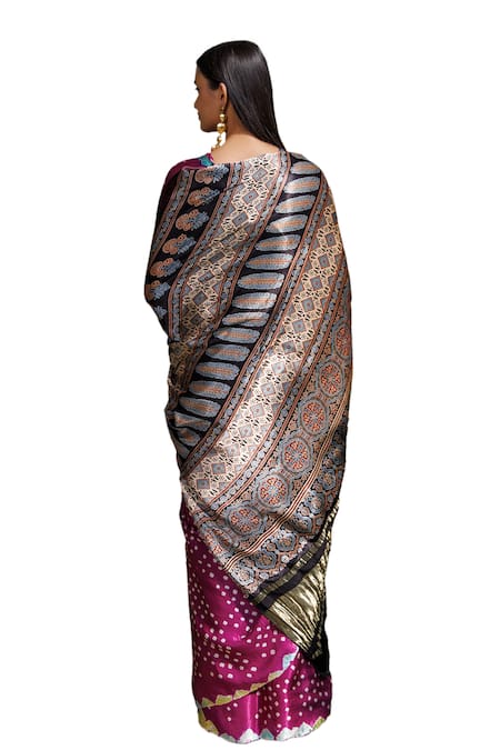 Buy_Geroo Jaipur_Purple Modal, Silk Bandhani Pattern Saree With Unstitched Blouse Piece 