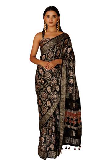 Geroo Jaipur_Black Modal, Silk Zari Printed Gharchola Saree With Unstitched Blouse Piece_Online_at_Aza_Fashions