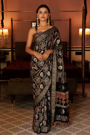 Buy_Geroo Jaipur_Black Modal, Silk Zari Printed Gharchola Saree With Unstitched Blouse Piece_Online_at_Aza_Fashions
