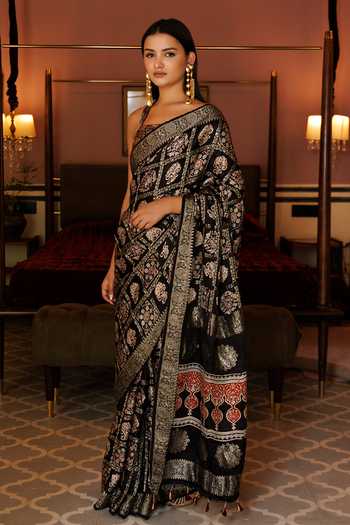 Shop_Geroo Jaipur_Black Modal, Silk Zari Printed Gharchola Saree With Unstitched Blouse Piece_Online_at_Aza_Fashions