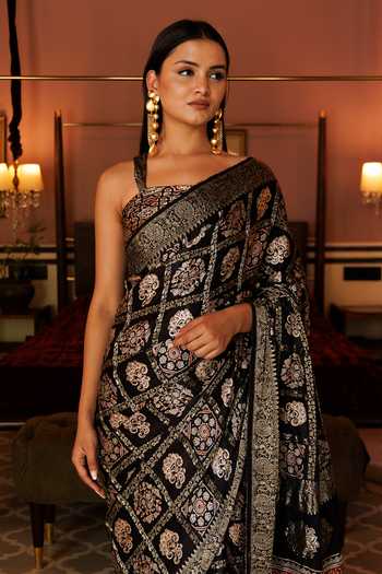 Geroo Jaipur_Black Modal, Silk Zari Printed Gharchola Saree With Unstitched Blouse Piece_at_Aza_Fashions