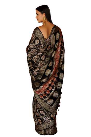Buy_Geroo Jaipur_Black Modal, Silk Zari Printed Gharchola Saree With Unstitched Blouse Piece