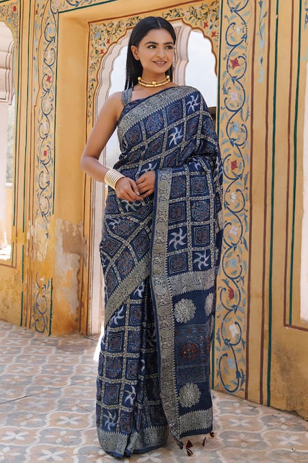 Geroo Jaipur Blue Modal Silk Printed Ajrakh Gharchola Saree With Unstitched Blouse Piece