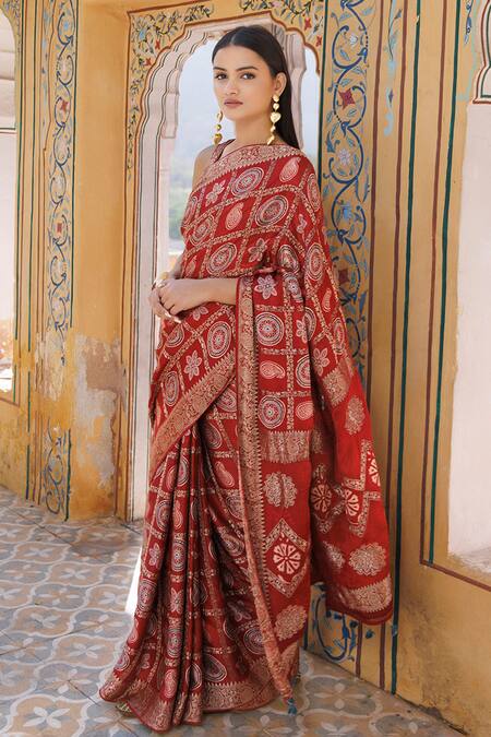 Buy Geroo Jaipur Red Modal, Silk Zari Ajrakh Print Gharchola Saree With Unstitched Blouse Piece Online at Aza Fashions Buy_Geroo Jaipur_Red Modal, Silk Zari Ajrakh Print Gharchola Saree With Unstitched Blouse Piece_Online_at_Aza_Fashions