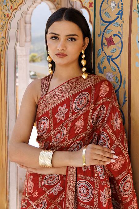Shop Geroo Jaipur Red Modal, Silk Zari Ajrakh Print Gharchola Saree With Unstitched Blouse Piece Online at Aza Fashions Shop_Geroo Jaipur_Red Modal, Silk Zari Ajrakh Print Gharchola Saree With Unstitched Blouse Piece_Online_at_Aza_Fashions