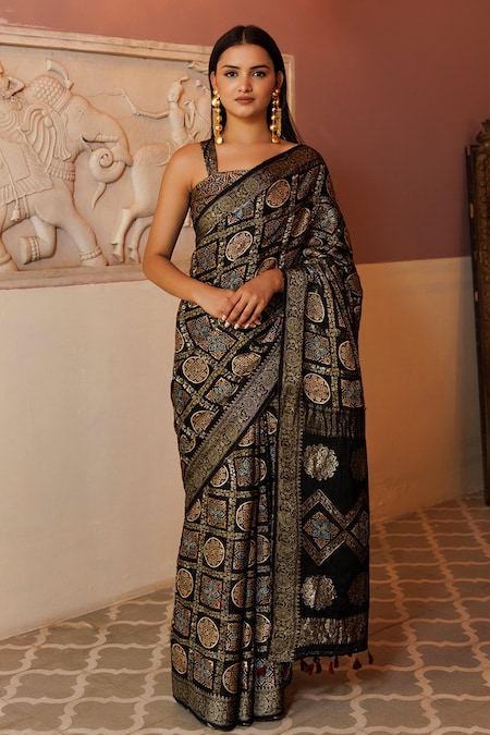 Geroo Jaipur Black Modal Silk Printed Ajrakh Zari Pattern Saree With Unstitched Blouse Piece