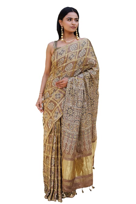 Geroo Jaipur_Brown Modal, Silk Woven Printed Gharchola Saree With Unstitched Blouse Piece _Online_at_Aza_Fashions