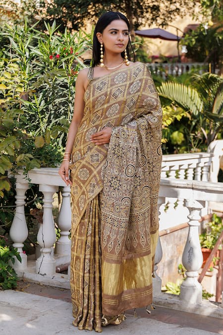 Buy_Geroo Jaipur_Brown Modal, Silk Woven Printed Gharchola Saree With Unstitched Blouse Piece _Online_at_Aza_Fashions