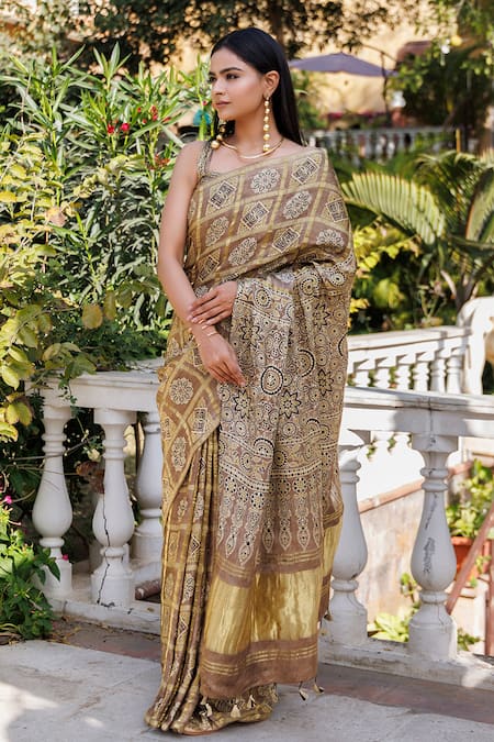 Shop_Geroo Jaipur_Brown Modal, Silk Woven Printed Gharchola Saree With Unstitched Blouse Piece _Online_at_Aza_Fashions