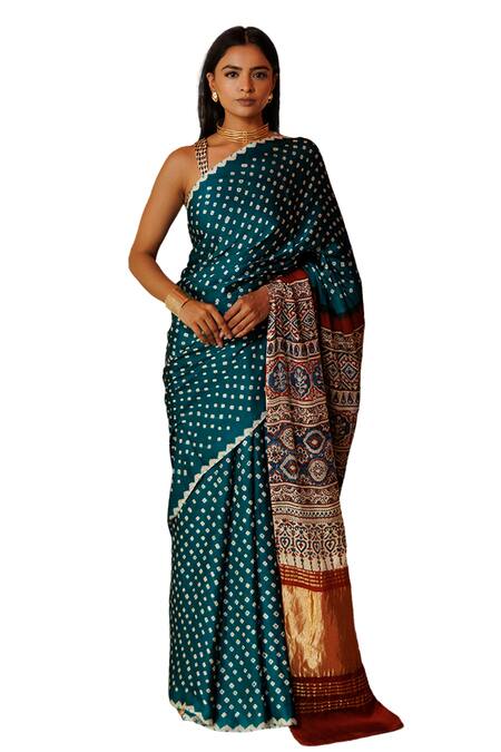 Geroo Jaipur Green Modal, Silk Bandhani Scatter Saree With Unstitched Blouse Piece Online at Aza Fashions Geroo Jaipur_Green Modal, Silk Bandhani Scatter Saree With Unstitched Blouse Piece_Online_at_Aza_Fashions