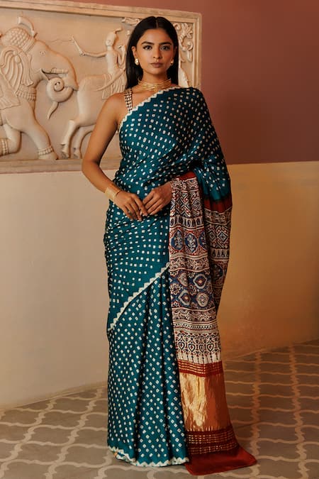 Buy Geroo Jaipur Green Modal, Silk Bandhani Scatter Saree With Unstitched Blouse Piece Online at Aza Fashions Buy_Geroo Jaipur_Green Modal, Silk Bandhani Scatter Saree With Unstitched Blouse Piece_Online_at_Aza_Fashions