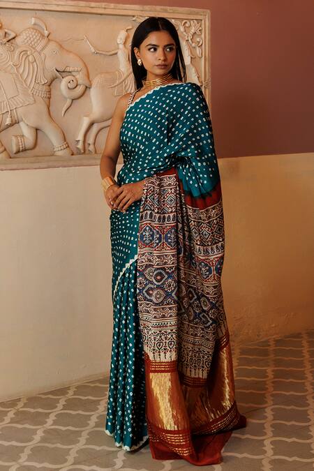 Shop Geroo Jaipur Green Modal, Silk Bandhani Scatter Saree With Unstitched Blouse Piece Online at Aza Fashions Shop_Geroo Jaipur_Green Modal, Silk Bandhani Scatter Saree With Unstitched Blouse Piece_Online_at_Aza_Fashions