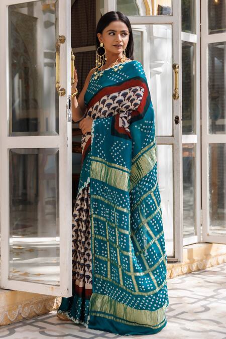 Shop Geroo Jaipur White Modal, Silk Gharchola Pallu Floral Saree With Unstitched Blouse Piece Online at Aza Fashions Shop_Geroo Jaipur_White Modal, Silk Gharchola Pallu Floral Saree With Unstitched Blouse Piece _Online_at_Aza_Fashions