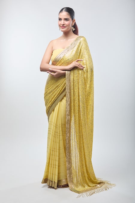 Nakul Sen Yellow Embroidered Sequins Work Saree With Unstitched Blouse Piece