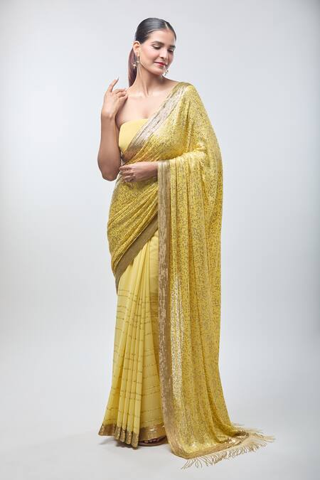 Nakul Sen Yellow Georgette Sequins Work Saree With Unstitched Blouse Piece Online at Aza Fashions Nakul Sen_Yellow Georgette Sequins Work Saree With Unstitched Blouse Piece_Online_at_Aza_Fashions