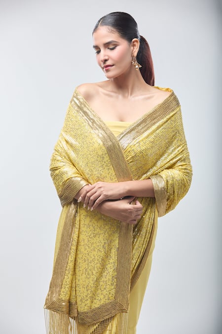 Buy Nakul Sen Yellow Georgette Sequins Work Saree With Unstitched Blouse Piece Online at Aza Fashions Buy_Nakul Sen_Yellow Georgette Sequins Work Saree With Unstitched Blouse Piece_Online_at_Aza_Fashions