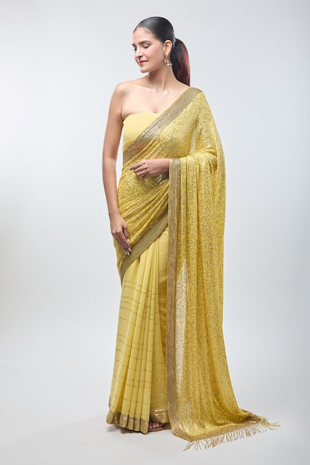 Nakul Sen Yellow Georgette Sequins Work Saree With Unstitched Blouse Piece at Aza Fashions Nakul Sen_Yellow Georgette Sequins Work Saree With Unstitched Blouse Piece_at_Aza_Fashions