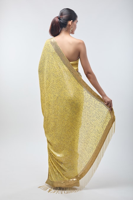 Shop Nakul Sen Yellow Georgette Sequins Work Saree With Unstitched Blouse Piece at Aza Fashions Shop_Nakul Sen_Yellow Georgette Sequins Work Saree With Unstitched Blouse Piece_at_Aza_Fashions