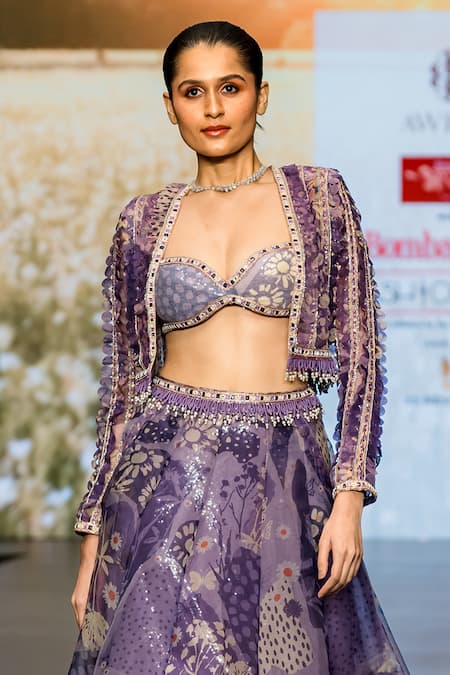 Awigna_Purple Organza, Net Mirrors, Marisol Floral Print Lehenga Set With Jacket_Online_at_Aza_Fashions