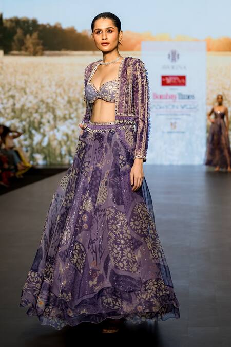 Buy_Awigna_Purple Organza, Net Mirrors, Marisol Floral Print Lehenga Set With Jacket_Online_at_Aza_Fashions