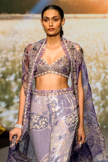 Awigna Purple Organza, Net Sequins, Embroidery Meadow Floral Print Cape Pant Set Online at Aza Fashions Awigna_Purple Organza, Net Sequins, Embroidery Meadow Floral Print Cape Pant Set_Online_at_Aza_Fashions