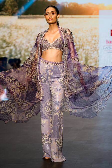 Buy_Awigna_Purple Organza, Net Sequins, Embroidery Meadow Floral Print Cape Pant Set_Online_at_Aza_Fashions