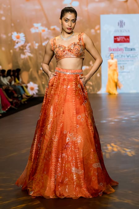 Awigna Orchid Floral Print Embroidered Lehenga With Bustier 