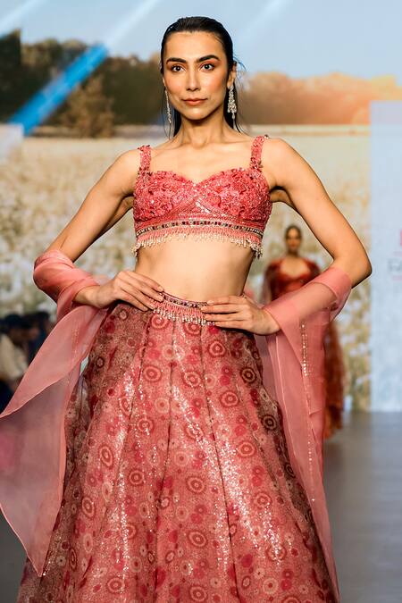 Awigna_Pink Organza, Net, Silk Sequins, Embroidery Sweetheart Neck Petunia Lehenga Set_Online_at_Aza_Fashions
