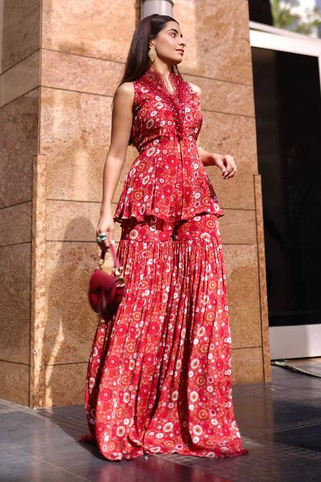 Shop_Awigna_Red Organza, Chiffon Embroidery, Prerna Printed Peplum Top And Sharara Set_at_Aza_Fashions