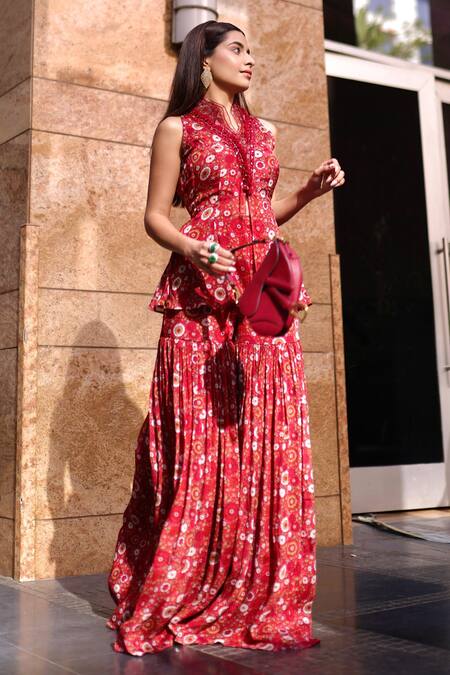 Buy_Awigna_Red Organza, Chiffon Embroidery, Prerna Printed Peplum Top And Sharara Set