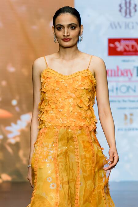 Awigna Yellow Organza, Silk Sequins, Embroidery Raina Spaghetti Top And Palazzo Set Online at Aza Fashions Awigna_Yellow Organza, Silk Sequins, Embroidery Raina Spaghetti Top And Palazzo Set_Online_at_Aza_Fashions