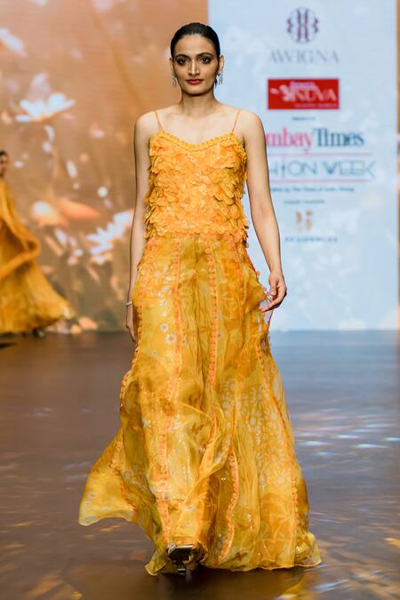 Buy_Awigna_Yellow Organza, Silk Sequins, Embroidery Raina Spaghetti Top And Palazzo Set_Online_at_Aza_Fashions