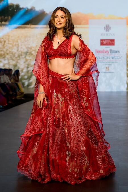Buy_Awigna_Coral Organza, Net Sequins, Embroidery V-neck Rosaline Printed Lehenga Set_Online_at_Aza_Fashions
