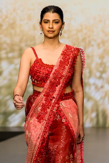 Awigna_Red Organza, Net, Silk Embroidery, Sequins Rosemary Printed Sharara Saree Set_Online_at_Aza_Fashions