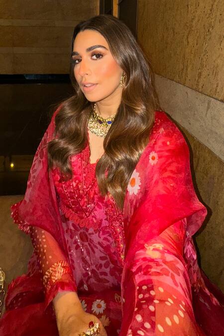 Awigna_Red Organza Embroidery V-neck Printed Embellished Anarkali With Dupatta_Online_at_Aza_Fashions