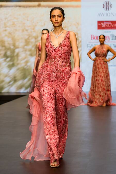 Awigna_Pink Organza, Net Embroidery V-neck Tansy Peplum Top Pant Set_Online_at_Aza_Fashions
