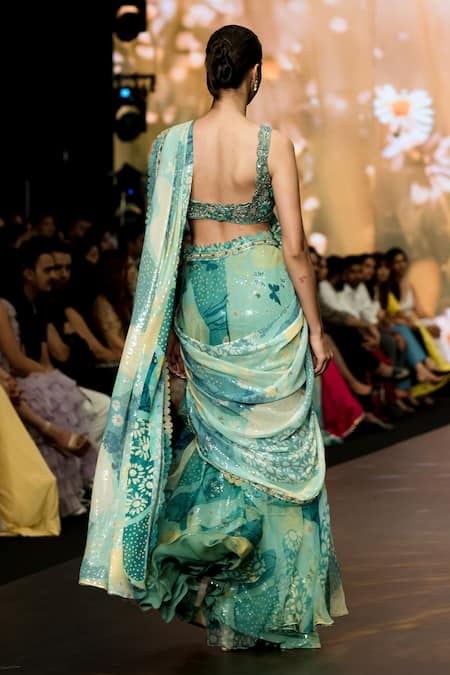 Shop_Awigna_Green Organza, Net Sequins, Embroidery V-neck Verbena Palazzo Saree Set _at_Aza_Fashions