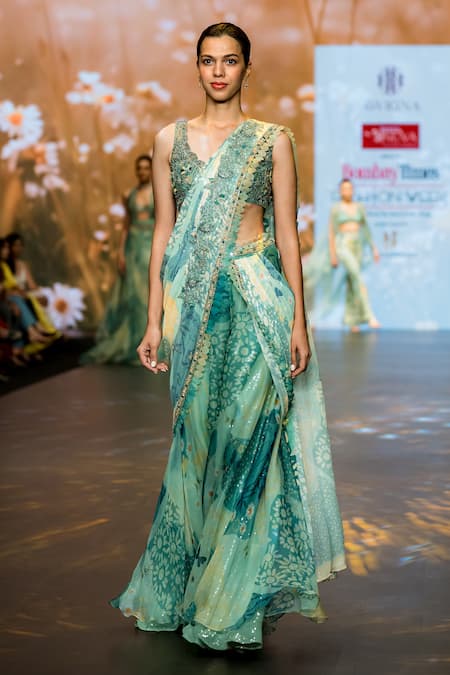 Awigna_Green Organza, Net Sequins, Embroidery V-neck Verbena Palazzo Saree Set _Online_at_Aza_Fashions