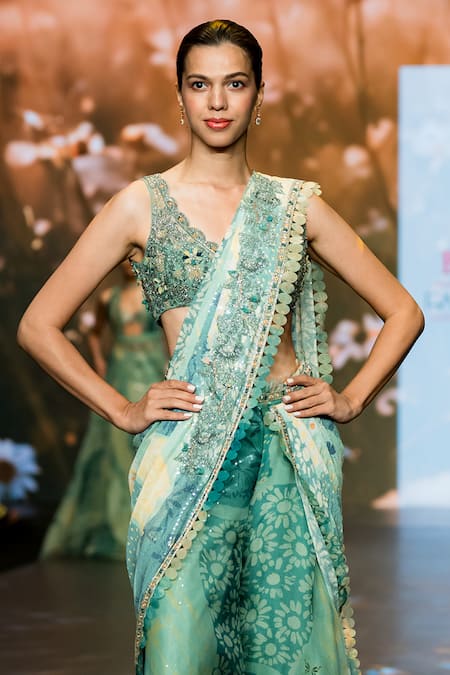 Buy_Awigna_Green Organza, Net Sequins, Embroidery V-neck Verbena Palazzo Saree Set _Online_at_Aza_Fashions