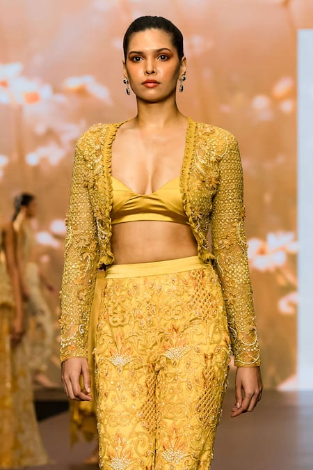 Awigna_Yellow Net Embroidery Open Neck Amaryllis Jaal Crop Jacket Pant Set_Online_at_Aza_Fashions