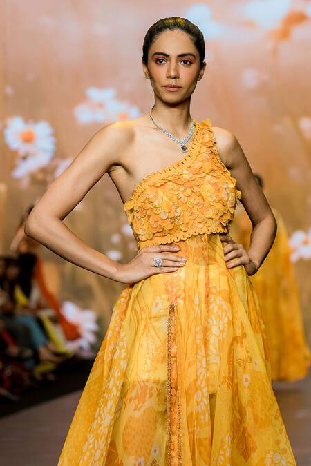 Awigna_Yellow Organza Sequins One Scallop Bloom Print Gown With Shorts_Online_at_Aza_Fashions
