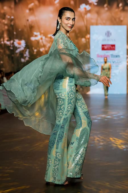 Shop_Awigna_Green Organza, Net, Silk Sequins, Asteria Enchanted Garden Cape Pant Set_at_Aza_Fashions