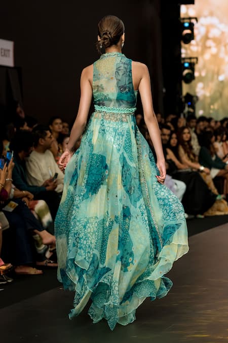 Shop_Awigna_Green Organza, Net Sequins Sweetheart Neck Bluebell Gardenia Print Gown Pant Set _at_Aza_Fashions