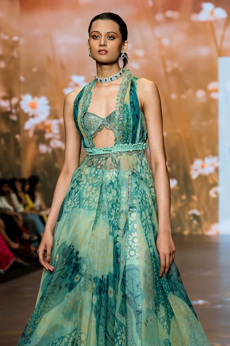 Awigna_Green Organza, Net Sequins Sweetheart Neck Bluebell Gardenia Print Gown Pant Set _Online_at_Aza_Fashions