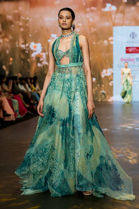 Buy_Awigna_Green Organza, Net Sequins Sweetheart Neck Bluebell Gardenia Print Gown Pant Set _Online_at_Aza_Fashions