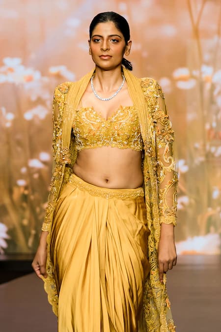 Awigna Yellow Organza, Net, Satin, Dahlia Garden Long Jacket Draped Skirt Set Online at Aza Fashions Awigna_Yellow Organza, Net, Satin, Dahlia Garden Long Jacket Draped Skirt Set _Online_at_Aza_Fashions