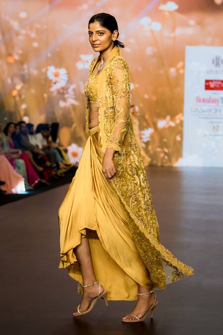 Buy_Awigna_Yellow Organza, Net, Satin, Dahlia Garden Long Jacket Draped Skirt Set _Online_at_Aza_Fashions