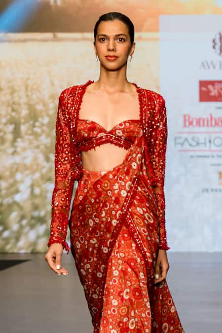Awigna Red Net, Satin, Georgette Eden Rafflesia Garden Print Pre-draped Saree Set Online at Aza Fashions Awigna_Red Net, Satin, Georgette Eden Rafflesia Garden Print Pre-draped Saree Set_Online_at_Aza_Fashions