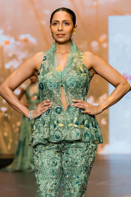 Awigna_Green Organza, Net Fabric Flowers, Elara Wonderland Garden Peplum Top With Pant_Online_at_Aza_Fashions